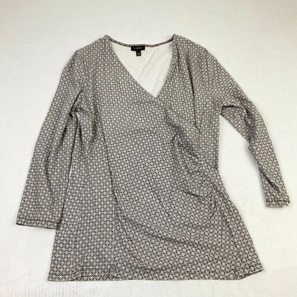 Talbots Womens Faux Wrap Blouse Diamond Print Top 3/4 Sleeve Stretch Shirt XS